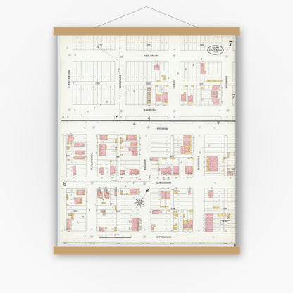 Old map wall art mockup — magnetic wood frame on white wall — Sanborn Fire Insurance Map from El Paso, El Paso County, Texas (1900), Sheet #0007