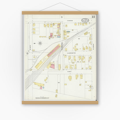 Old map wall art mockup — magnetic wood frame on white wall — Sanborn Fire Insurance Map from Raleigh, Wake County, North Carolina (1896), Sheet #0011
