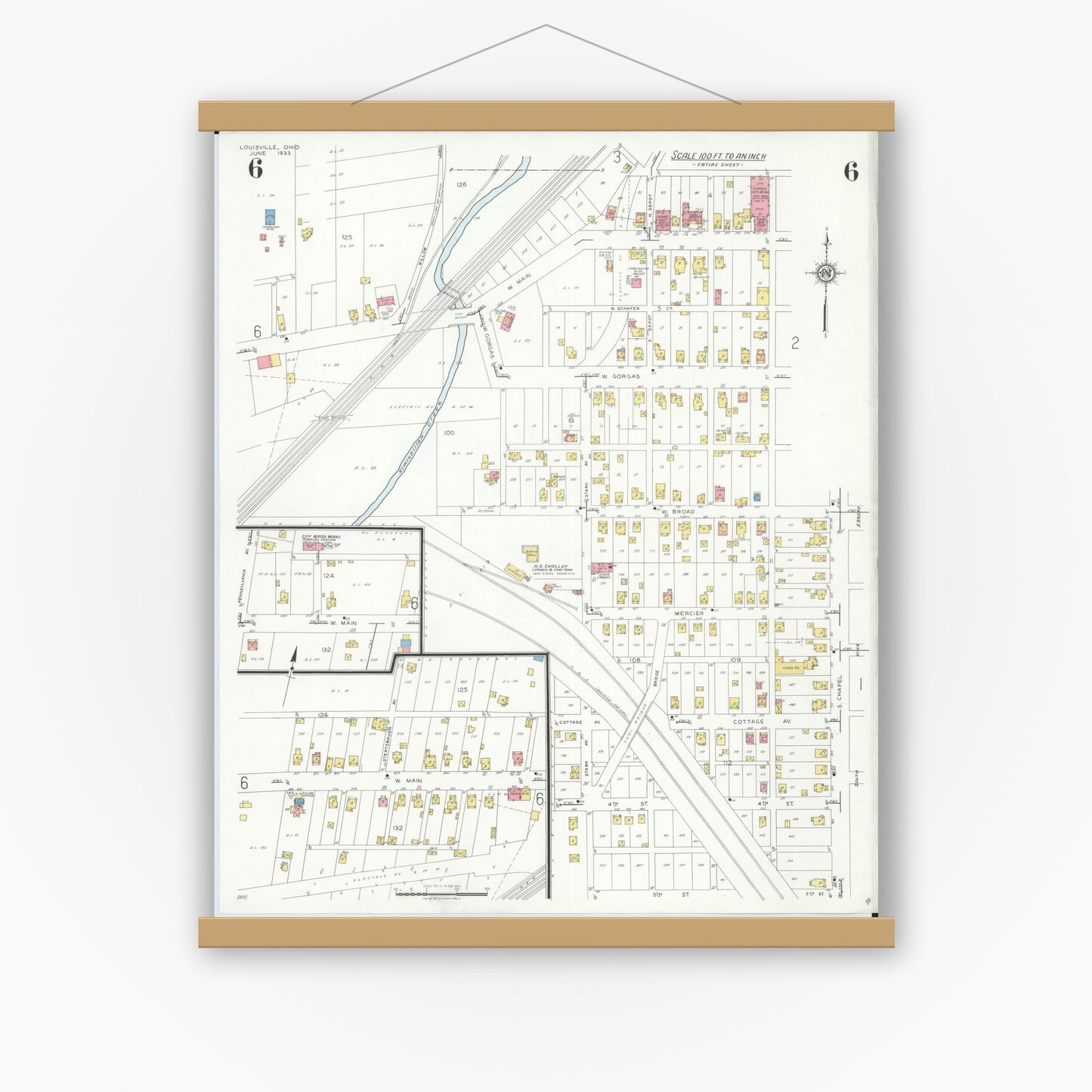Old map wall art mockup — magnetic wood frame on white wall — Sanborn Fire Insurance Map from Louisville, Stark County, Ohio (1933), Sheet #0006
