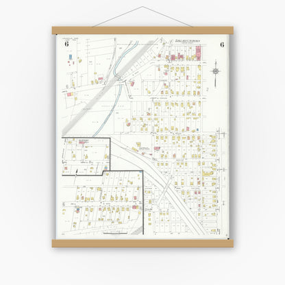 Old map wall art mockup — magnetic wood frame on white wall — Sanborn Fire Insurance Map from Louisville, Stark County, Ohio (1933), Sheet #0006