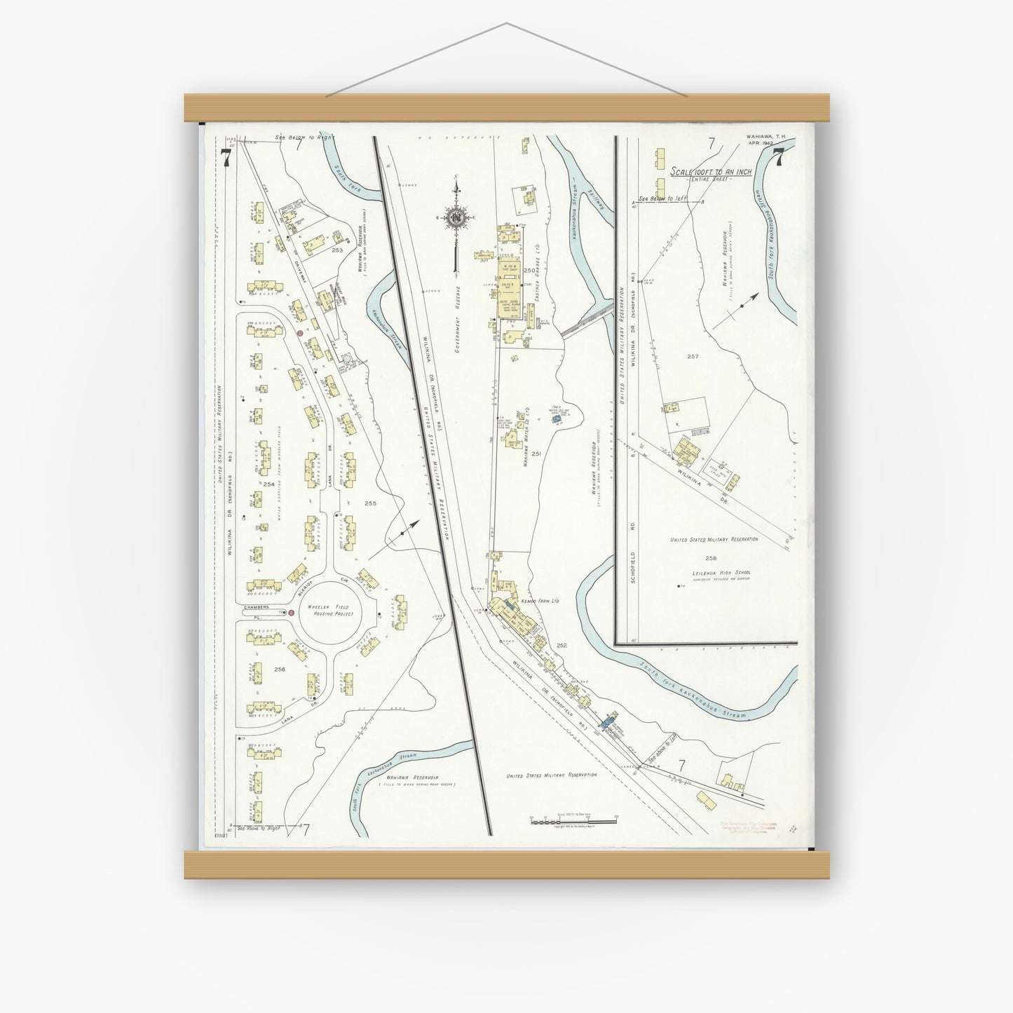 Old map wall art mockup — magnetic wood frame on white wall — Sanborn Fire Insurance Map from Wahiawa, Honolulu County, Hawaii (1942), Sheet #0007
