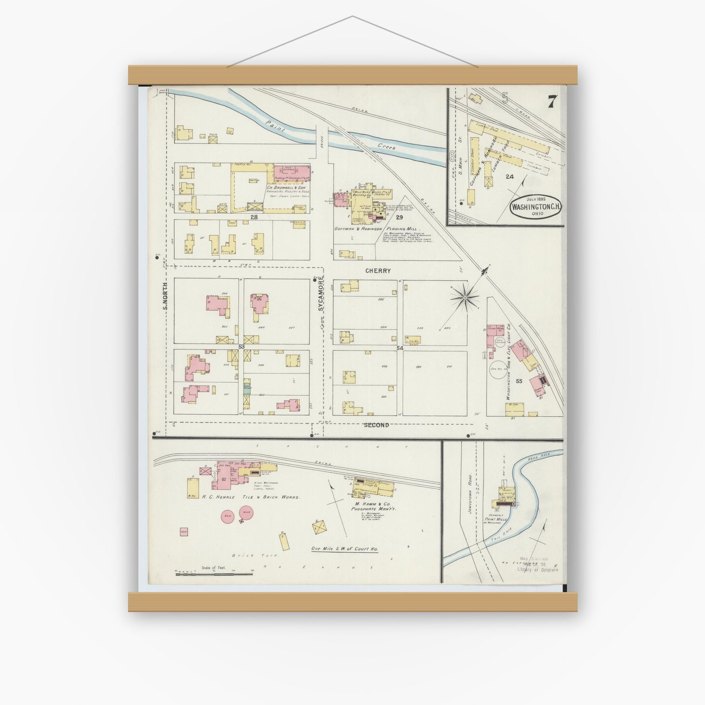 Old map wall art mockup — magnetic wood frame on white wall — Sanborn Fire Insurance Map from Washington Court House, Fayette County, Ohio (1895), Sheet #0007