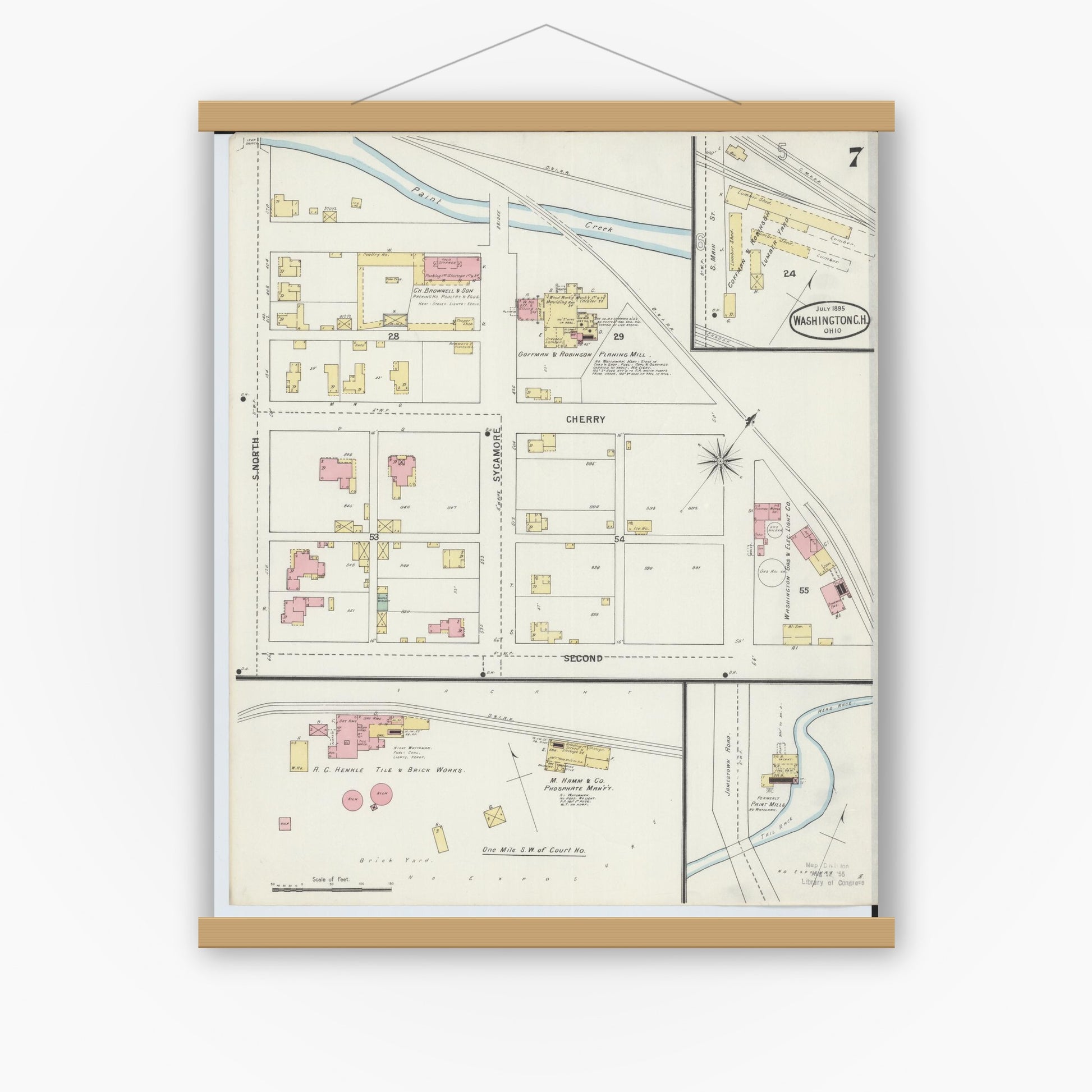 Old map wall art mockup — magnetic wood frame on white wall — Sanborn Fire Insurance Map from Washington Court House, Fayette County, Ohio (1895), Sheet #0007