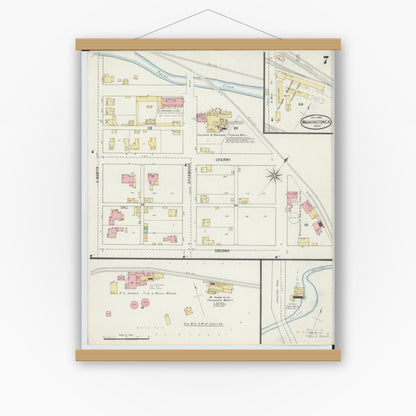 Old map wall art mockup — magnetic wood frame on white wall — Sanborn Fire Insurance Map from Washington Court House, Fayette County, Ohio (1895), Sheet #0007