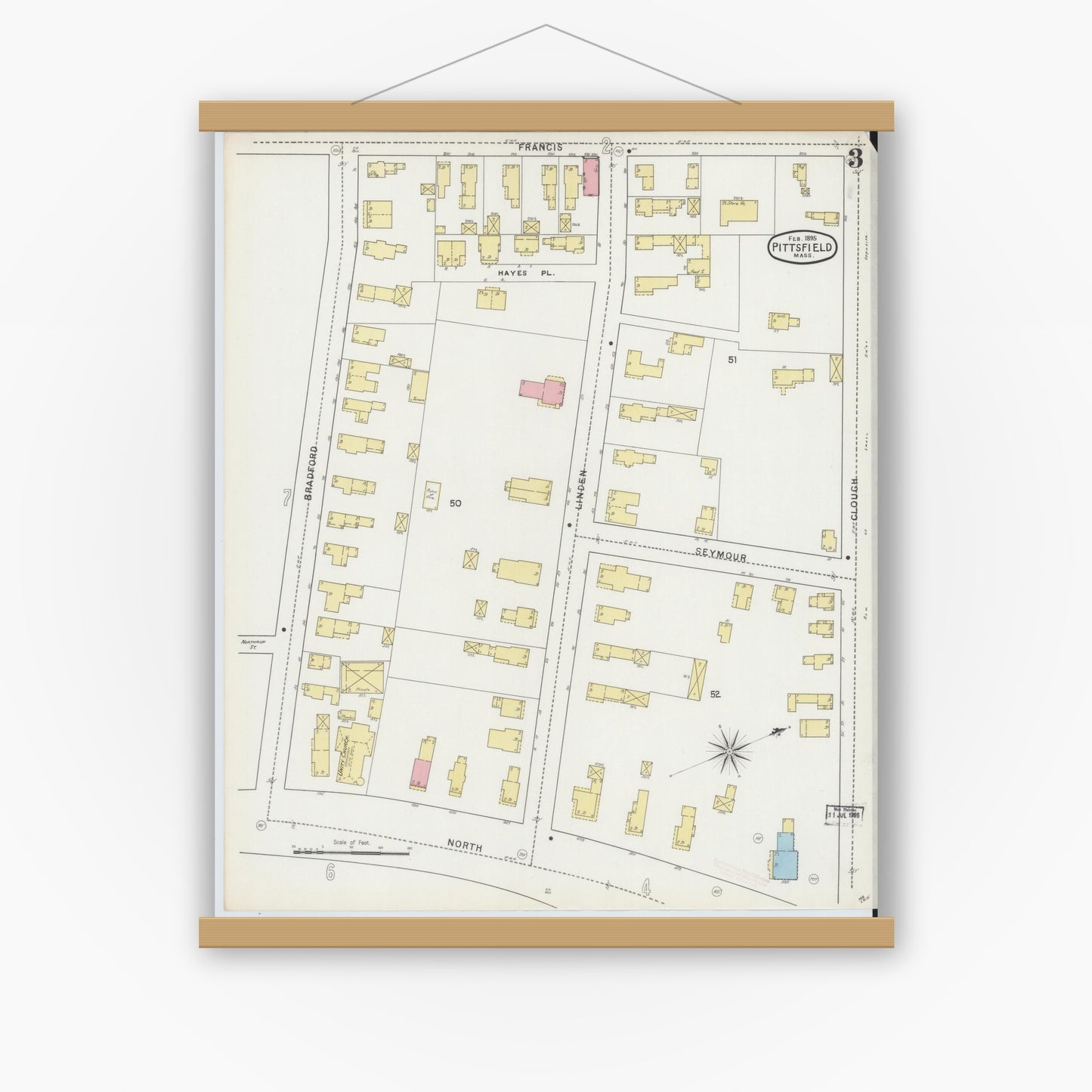 Old map wall art mockup — magnetic wood frame on white wall — Sanborn Fire Insurance Map from Pittsfield, Berkshire County, Massachusetts (1895), Sheet #0003
