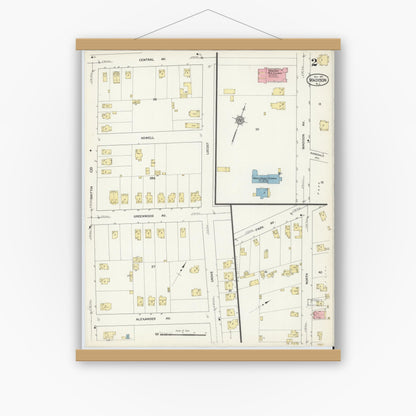 Old map wall art mockup — magnetic wood frame on white wall — Sanborn Fire Insurance Map from Madison, Morris County, New Jersey (1912), Sheet #0002