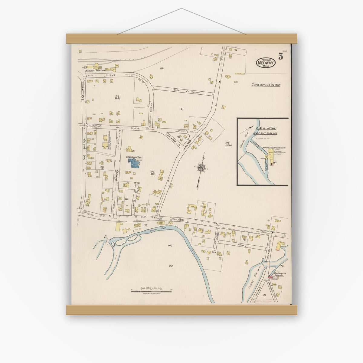 Old map wall art mockup — magnetic wood frame on white wall — Sanborn Fire Insurance Map from Medway, Norfolk County, Massachusetts (1922), Sheet #0005