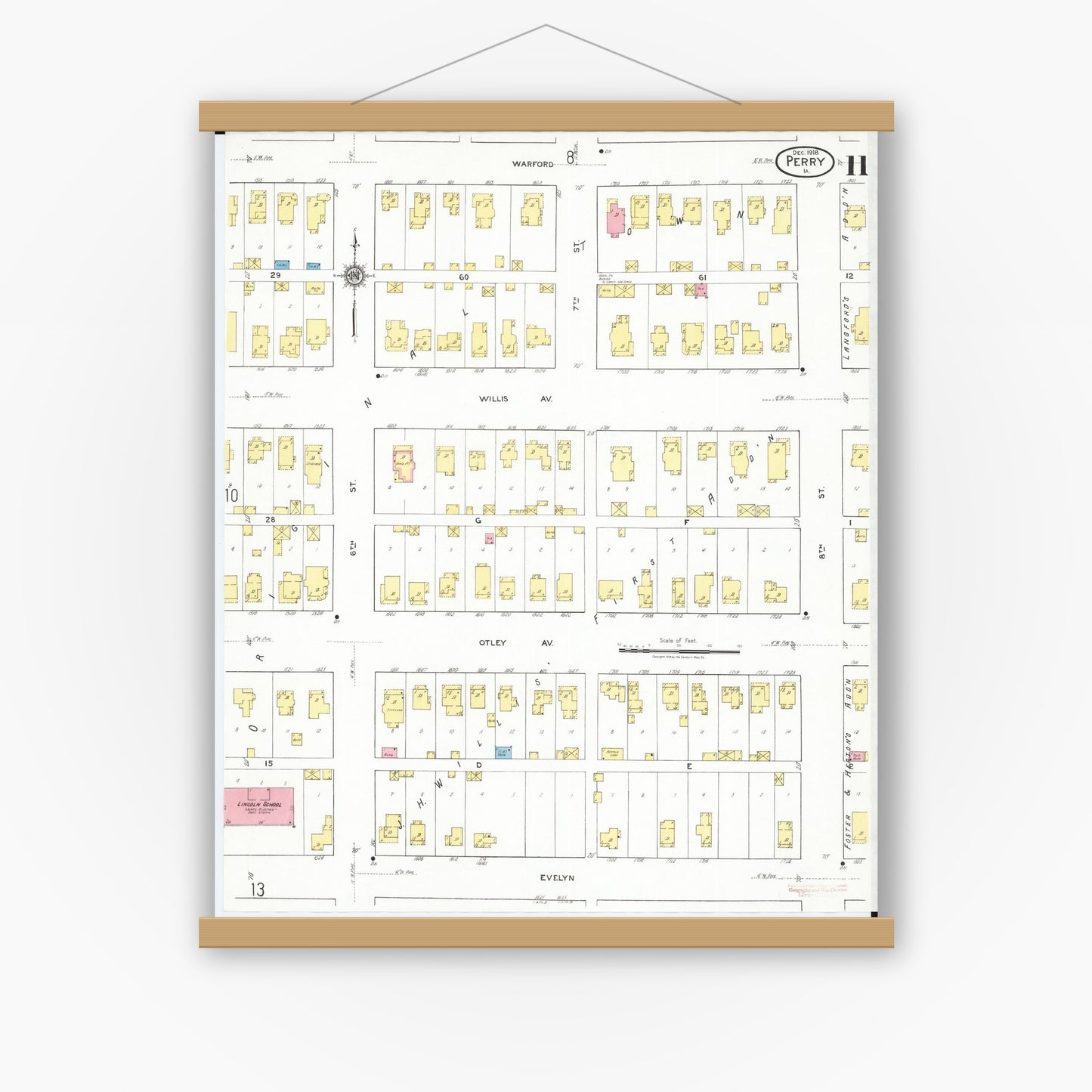 Old map wall art mockup — magnetic wood frame on white wall — Sanborn Fire Insurance Map from Perry, Dallas County, Iowa (1918), Sheet #0011