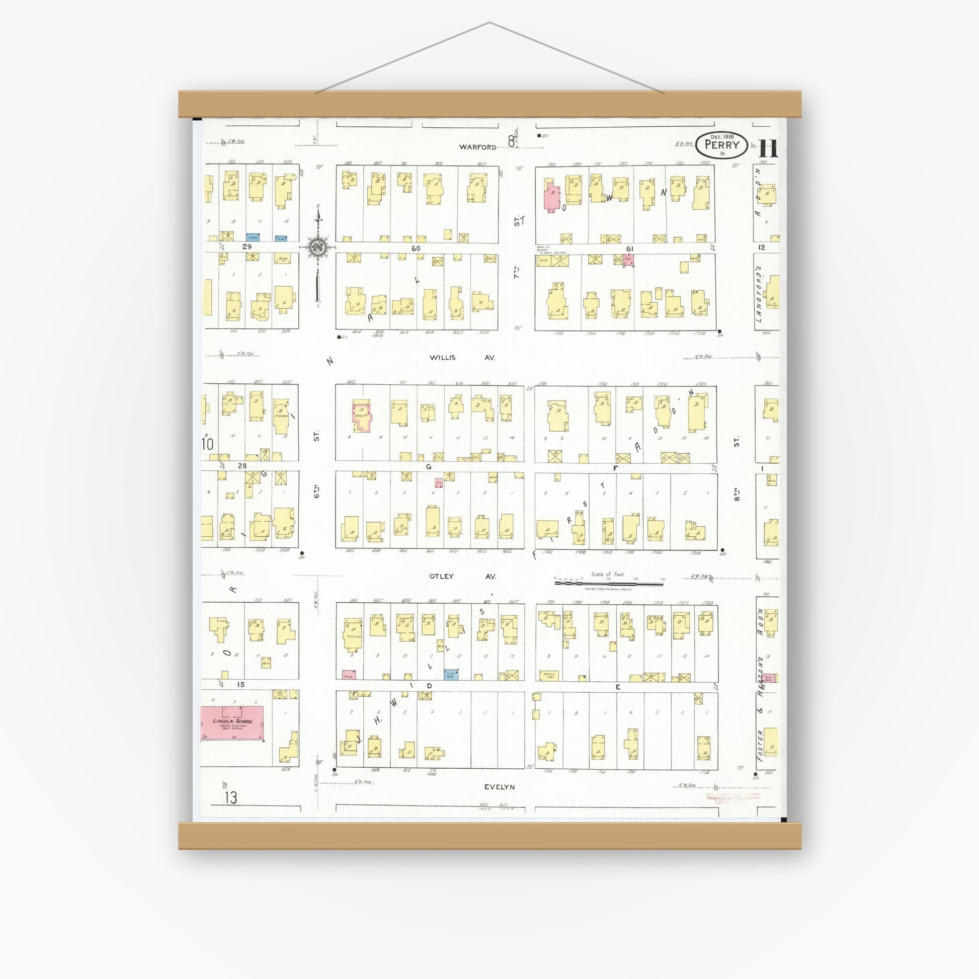 Old map wall art mockup — magnetic wood frame on white wall — Sanborn Fire Insurance Map from Perry, Dallas County, Iowa (1918), Sheet #0011