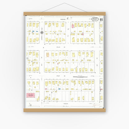 Old map wall art mockup — magnetic wood frame on white wall — Sanborn Fire Insurance Map from Perry, Dallas County, Iowa (1918), Sheet #0011