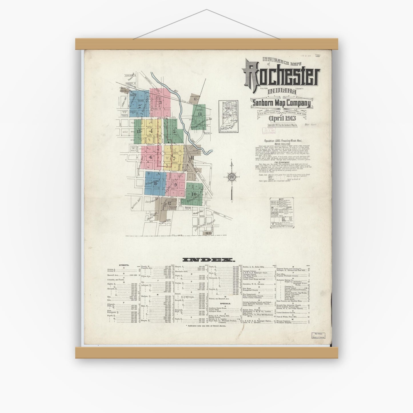 Old map wall art mockup — magnetic wood frame on white wall — Sanborn Fire Insurance Map from Rochester, Fulton County, Indiana (1913) - Complete Map Set