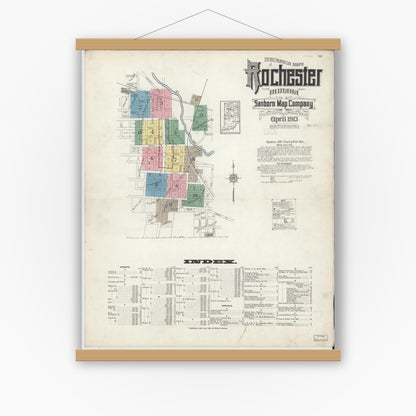 Old map wall art mockup — magnetic wood frame on white wall — Sanborn Fire Insurance Map from Rochester, Fulton County, Indiana (1913) - Complete Map Set