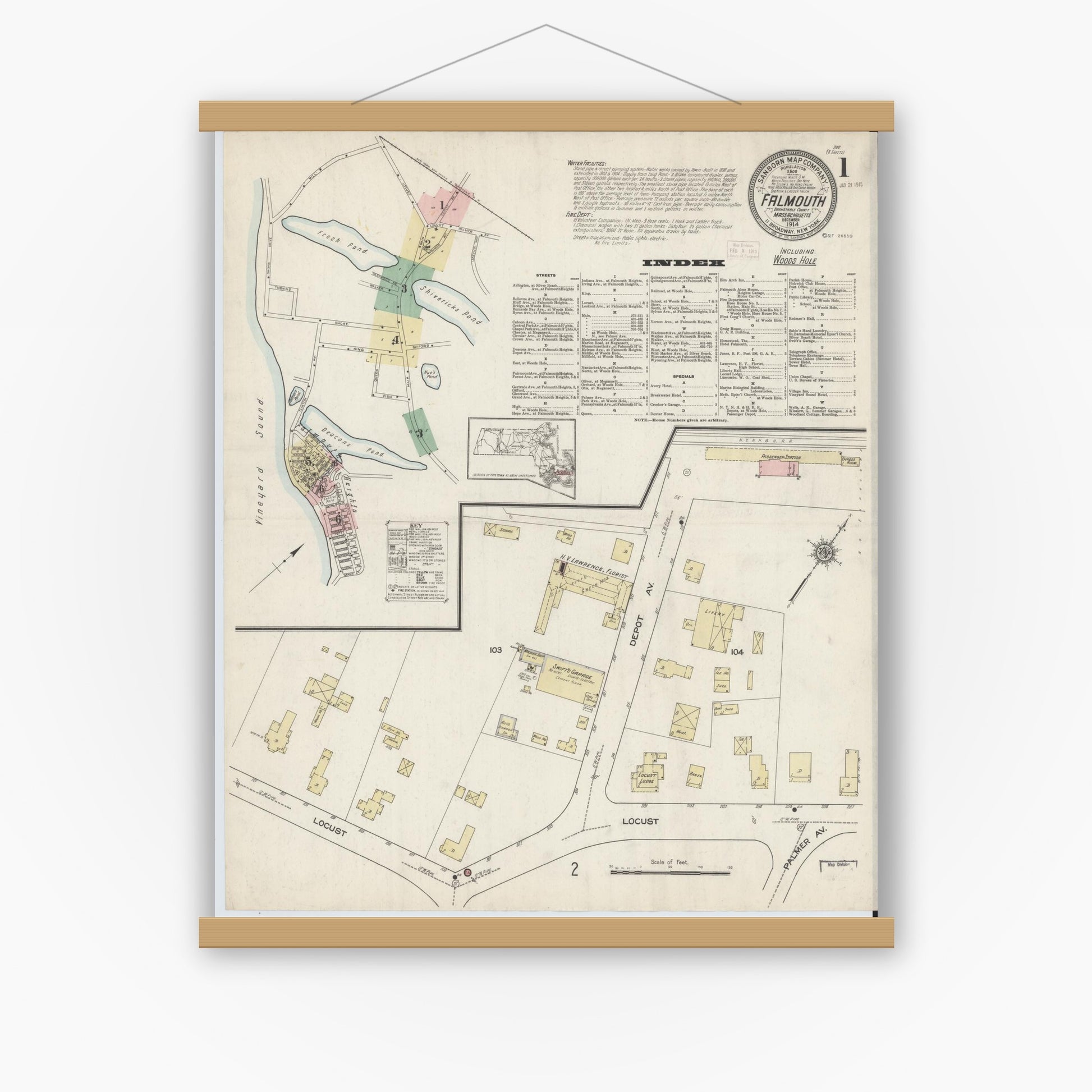 Old map wall art mockup — magnetic wood frame on white wall — Sanborn Fire Insurance Map from Falmouth, Barnstable County, Massachusetts (1914), Sheet #0001