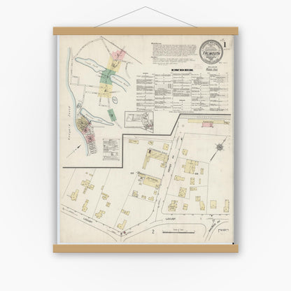 Old map wall art mockup — magnetic wood frame on white wall — Sanborn Fire Insurance Map from Falmouth, Barnstable County, Massachusetts (1914), Sheet #0001