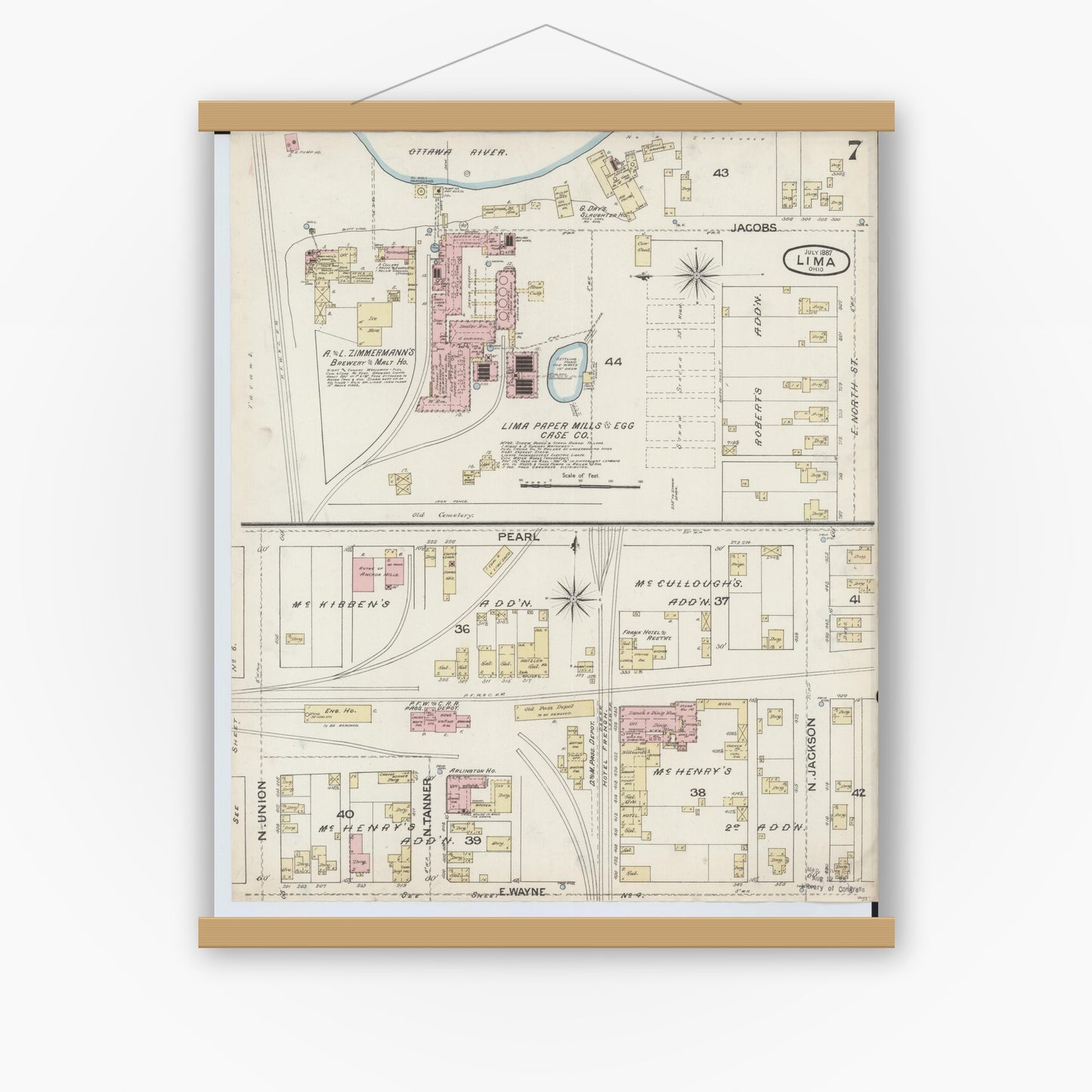 Old map wall art mockup — magnetic wood frame on white wall — Sanborn Fire Insurance Map from Lima, Allen County, Ohio (1887), Sheet #0007