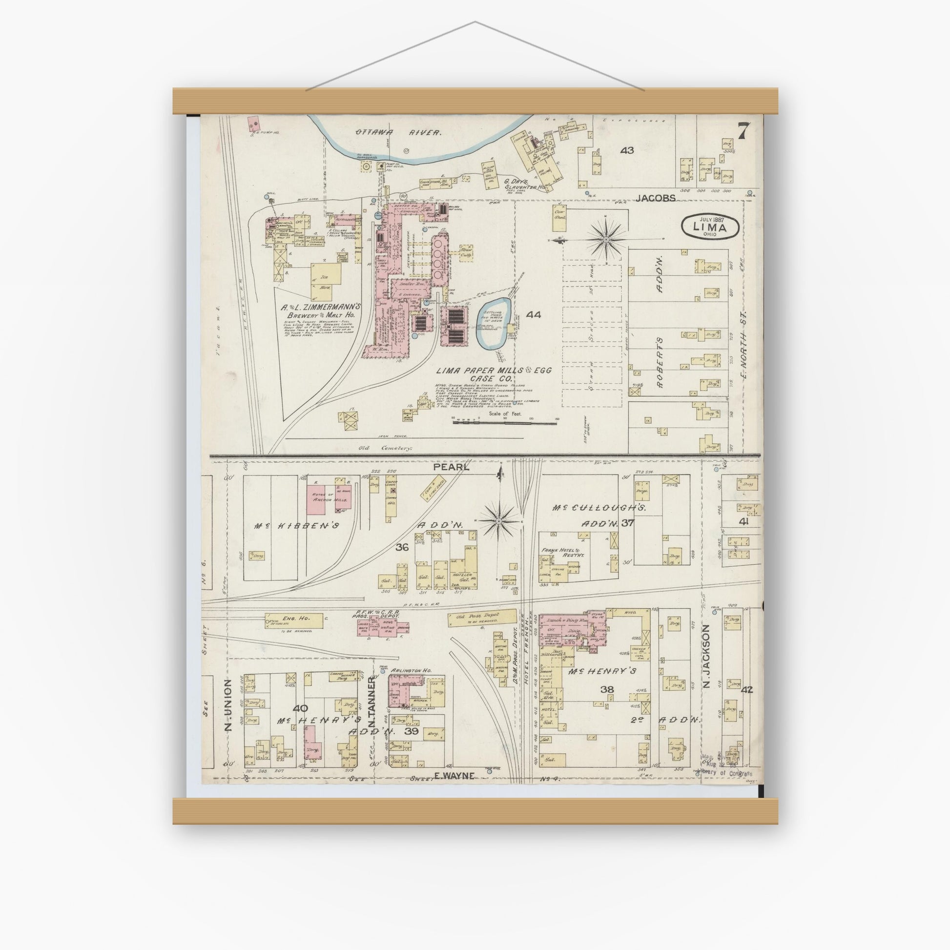 Old map wall art mockup — magnetic wood frame on white wall — Sanborn Fire Insurance Map from Lima, Allen County, Ohio (1887), Sheet #0007