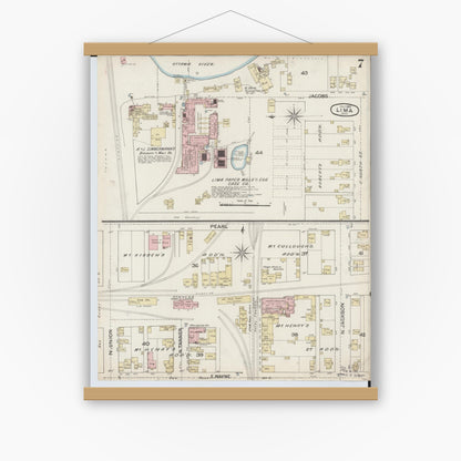 Old map wall art mockup — magnetic wood frame on white wall — Sanborn Fire Insurance Map from Lima, Allen County, Ohio (1887), Sheet #0007