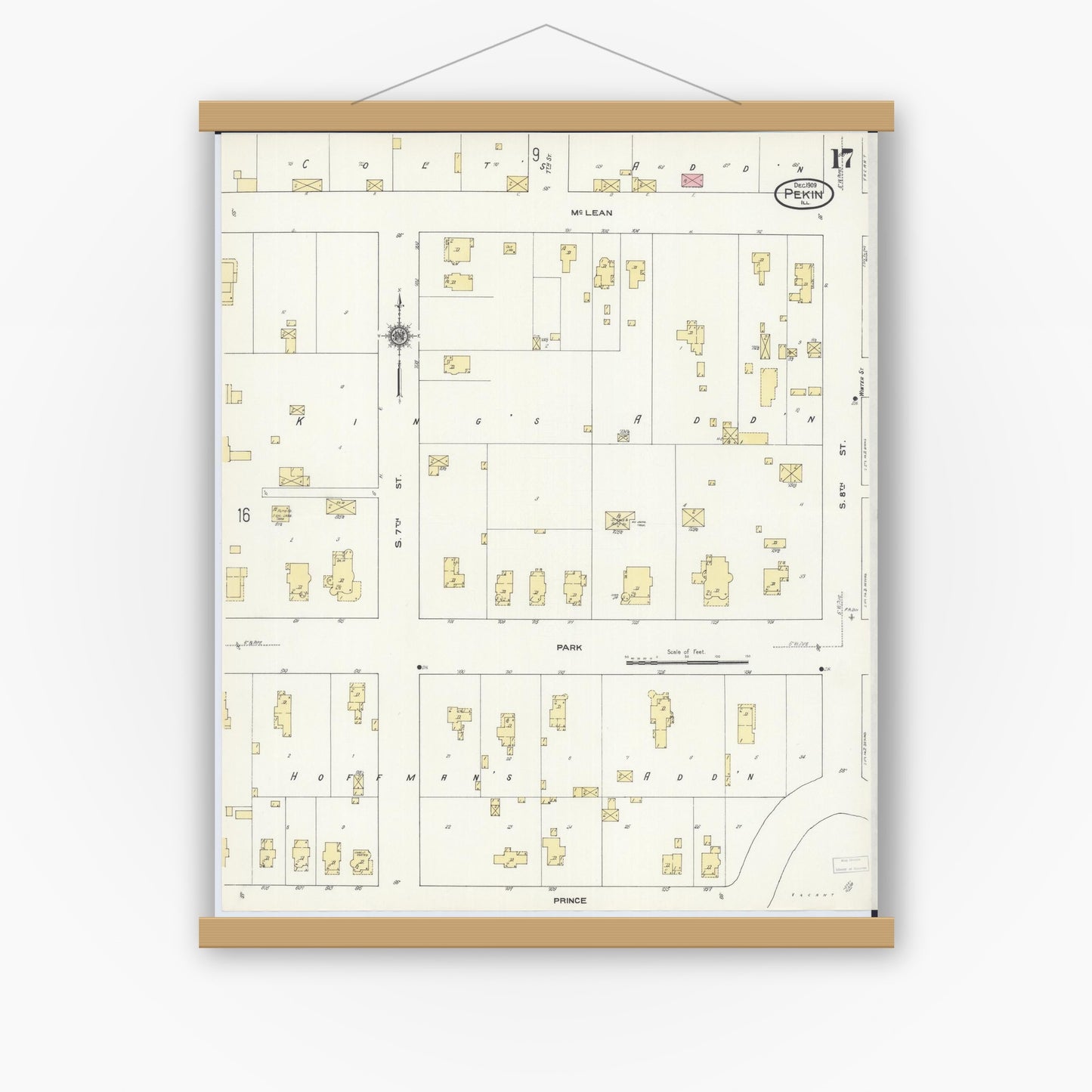 Old map wall art mockup — magnetic wood frame on white wall — Sanborn Fire Insurance Map from Pekin, Tazewell County, Illinois (1909), Sheet #0017