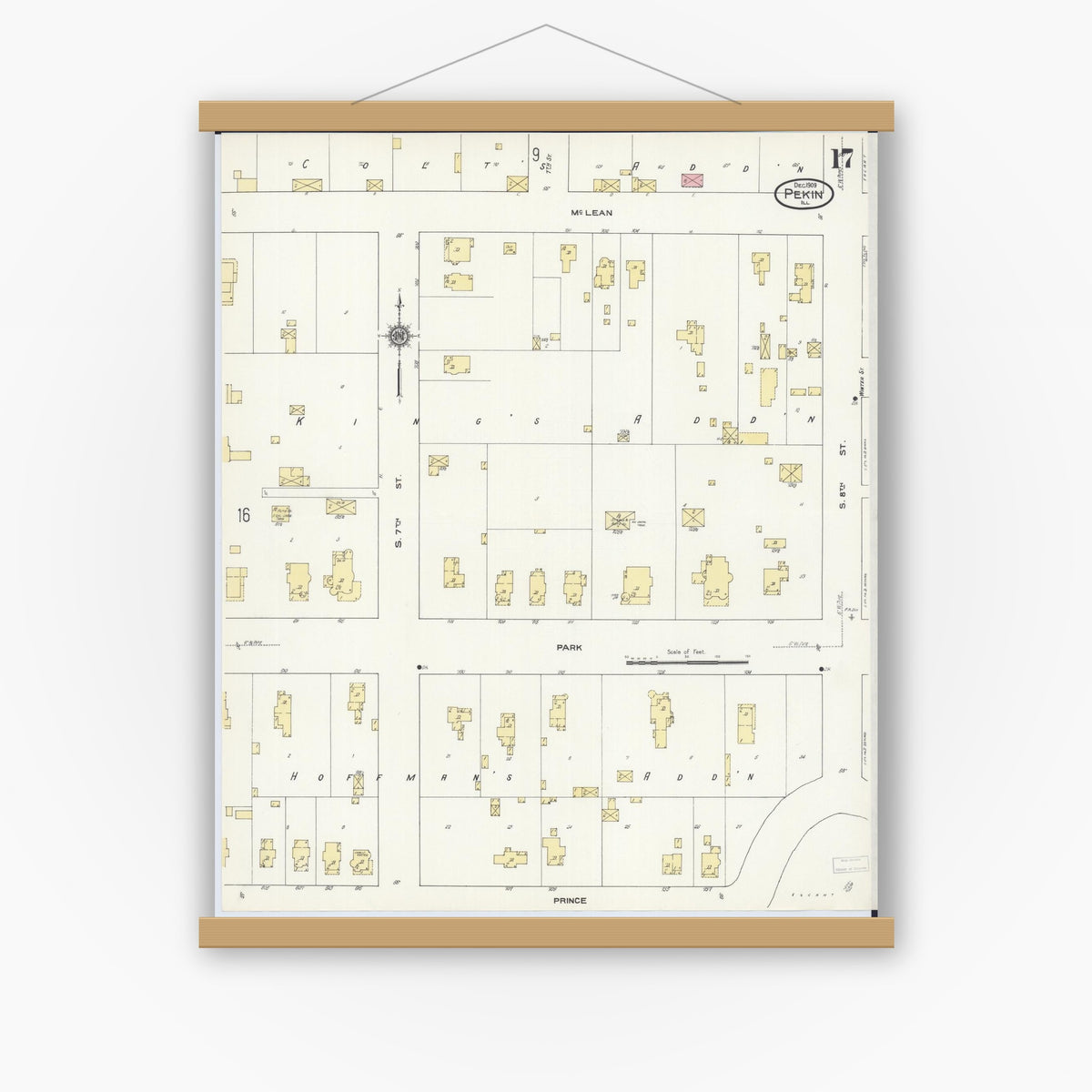 Old map wall art mockup — magnetic wood frame on white wall — Sanborn Fire Insurance Map from Pekin, Tazewell County, Illinois (1909), Sheet #0017