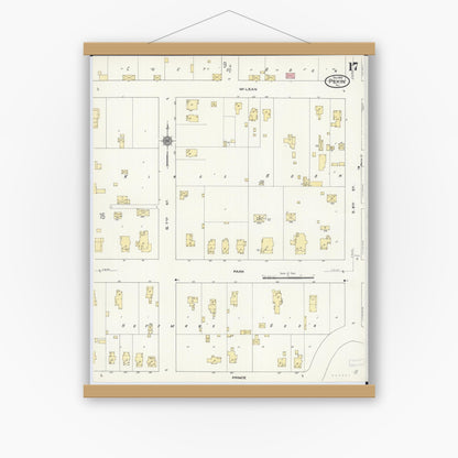 Old map wall art mockup — magnetic wood frame on white wall — Sanborn Fire Insurance Map from Pekin, Tazewell County, Illinois (1909), Sheet #0017
