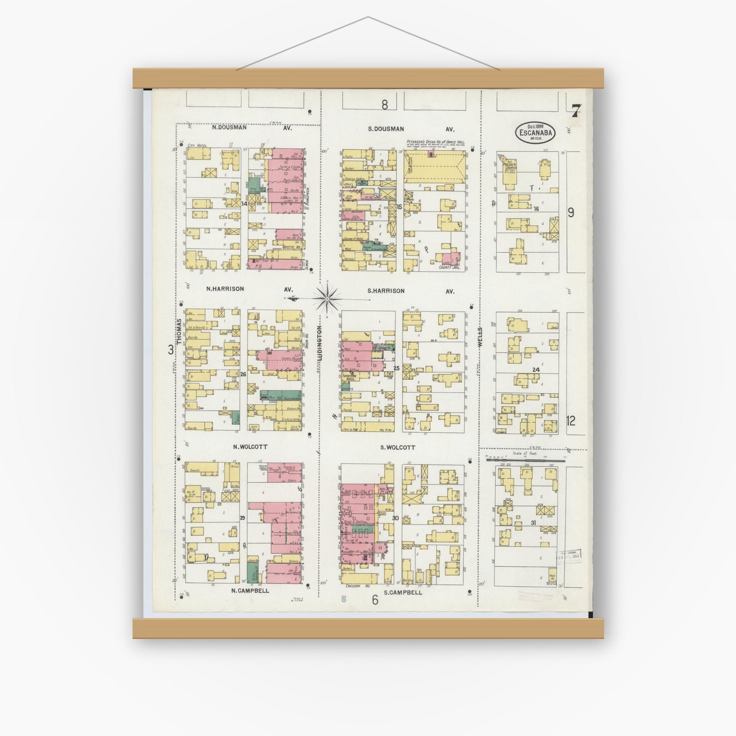 Old map wall art mockup — magnetic wood frame on white wall — Sanborn Fire Insurance Map from Escanaba, Delta County, Michigan (1899), Sheet #0007