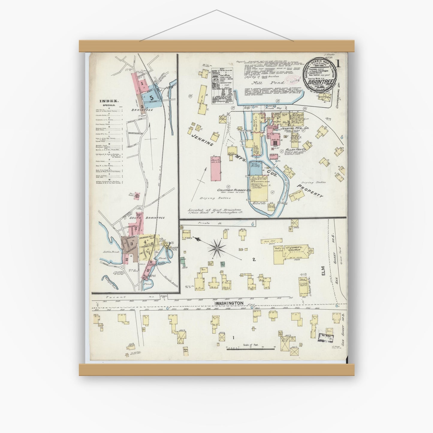 Old map wall art mockup — magnetic wood frame on white wall — Sanborn Fire Insurance Map from Braintree, Norfolk County, Massachusetts (1891) - Complete Map Set