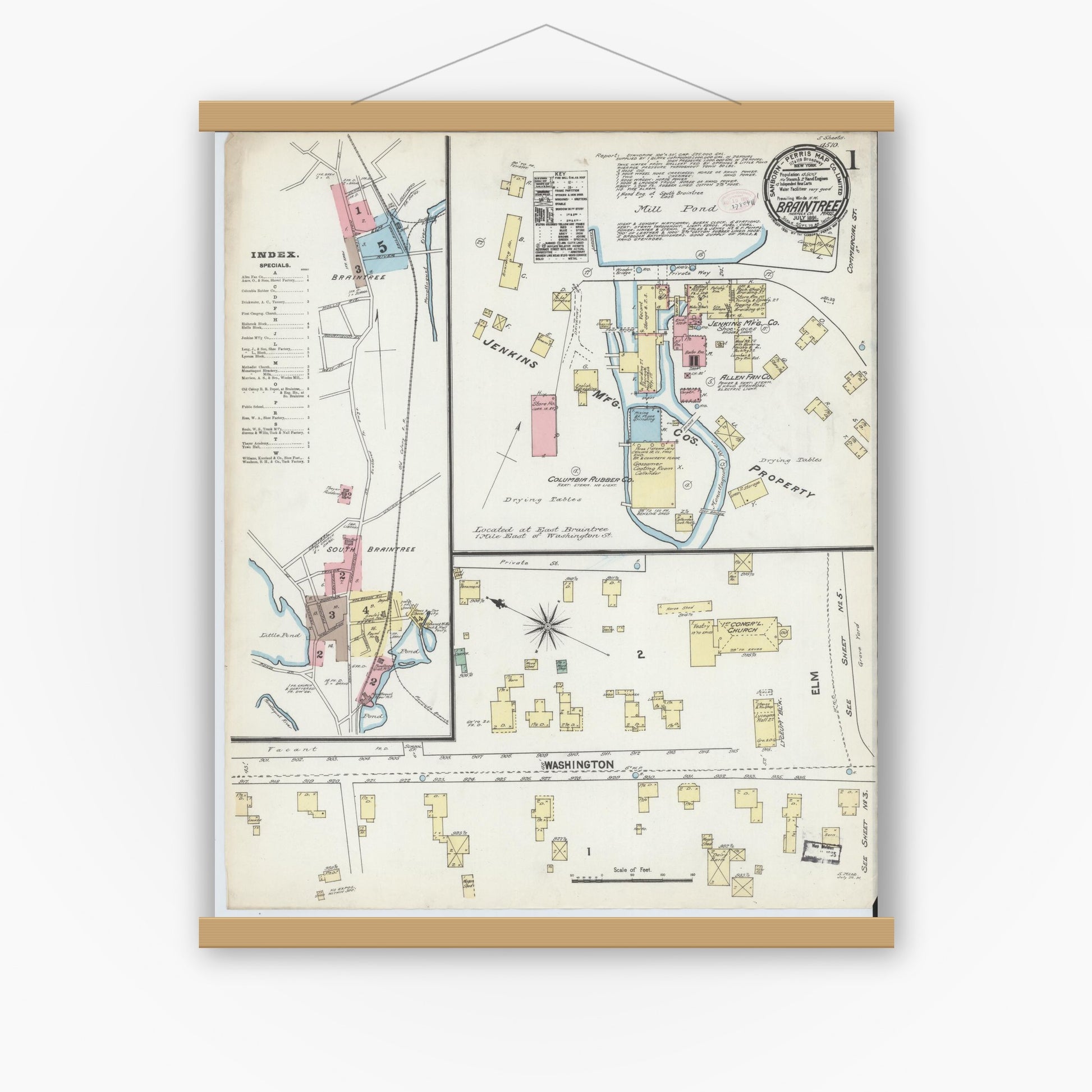 Old map wall art mockup — magnetic wood frame on white wall — Sanborn Fire Insurance Map from Braintree, Norfolk County, Massachusetts (1891) - Complete Map Set