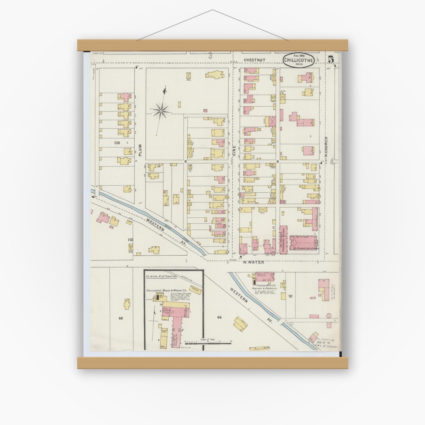 Old map wall art mockup — magnetic wood frame on white wall — Sanborn Fire Insurance Map from Chillicothe, Ross County, Ohio (1895), Sheet #0005