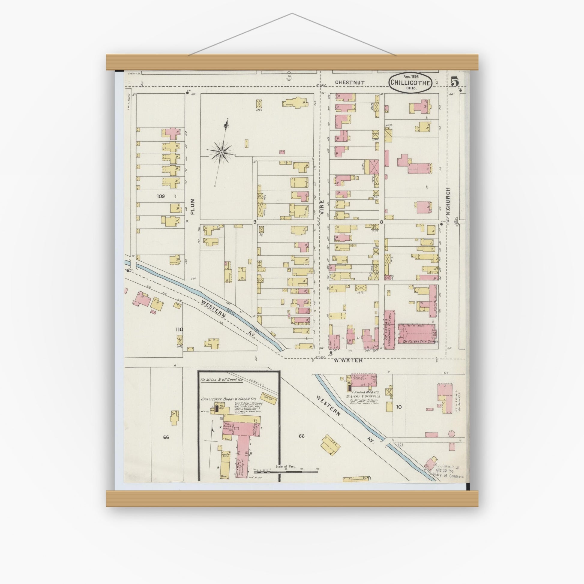 Old map wall art mockup — magnetic wood frame on white wall — Sanborn Fire Insurance Map from Chillicothe, Ross County, Ohio (1895), Sheet #0005