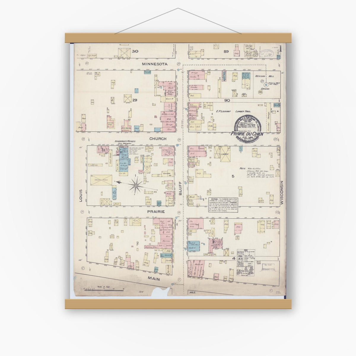 Old map wall art mockup — magnetic wood frame on white wall — Sanborn Fire Insurance Map from Prairie du Chien, Crawford County, Wisconsin (1884) - Complete Map Set