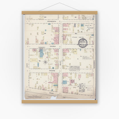 Old map wall art mockup — magnetic wood frame on white wall — Sanborn Fire Insurance Map from Prairie du Chien, Crawford County, Wisconsin (1884) - Complete Map Set