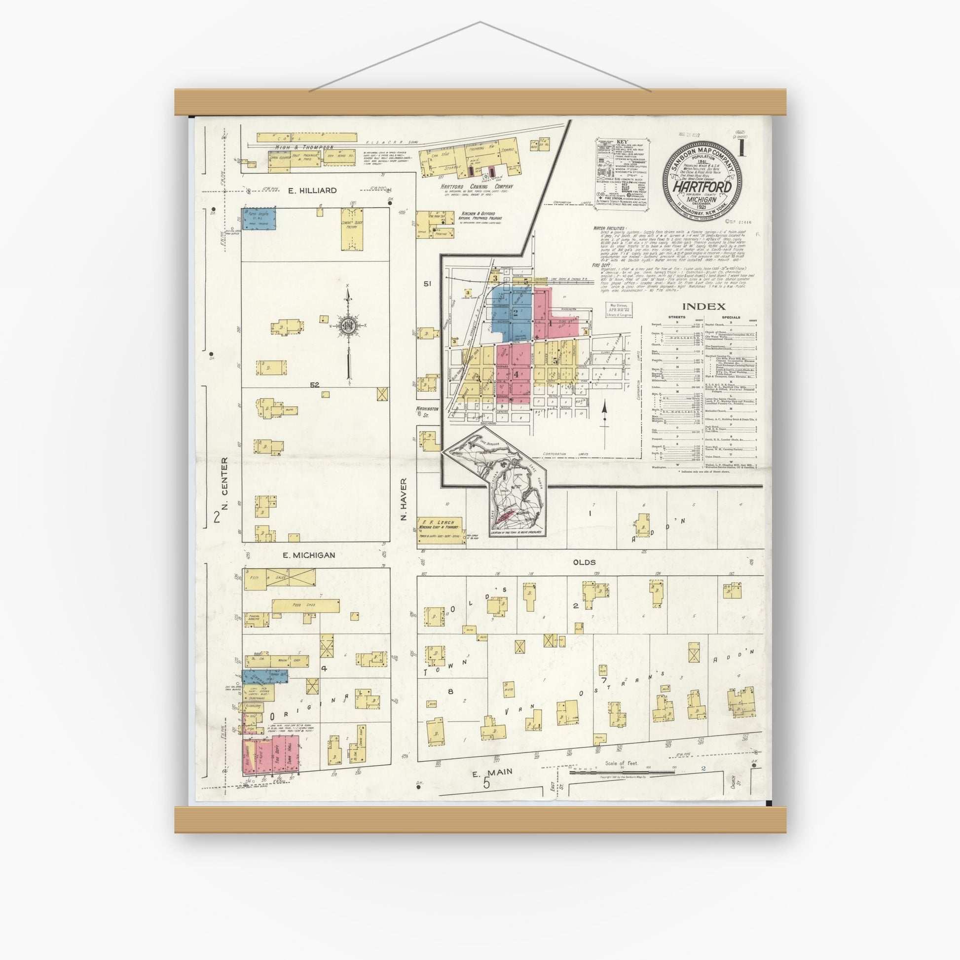 Old map wall art mockup — magnetic wood frame on white wall — Sanborn Fire Insurance Map from Hartford, Van Buren County, Michigan (1921) - Complete Map Set