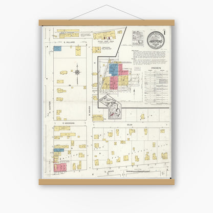 Old map wall art mockup — magnetic wood frame on white wall — Sanborn Fire Insurance Map from Hartford, Van Buren County, Michigan (1921) - Complete Map Set