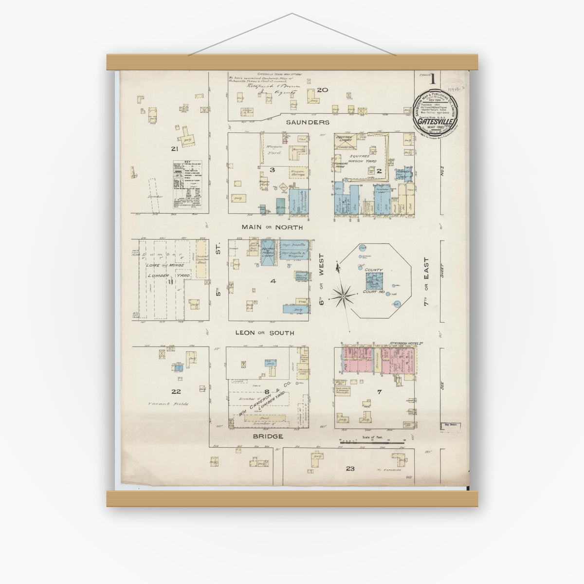 Old map wall art mockup — magnetic wood frame on white wall — Sanborn Fire Insurance Map from Gatesville, Coryell County, Texas (1885) - Complete Map Set