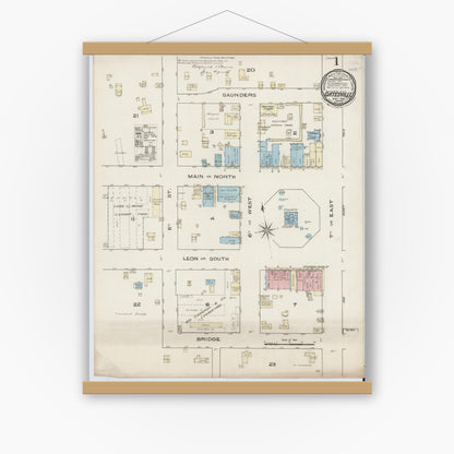 Old map wall art mockup — magnetic wood frame on white wall — Sanborn Fire Insurance Map from Gatesville, Coryell County, Texas (1885) - Complete Map Set
