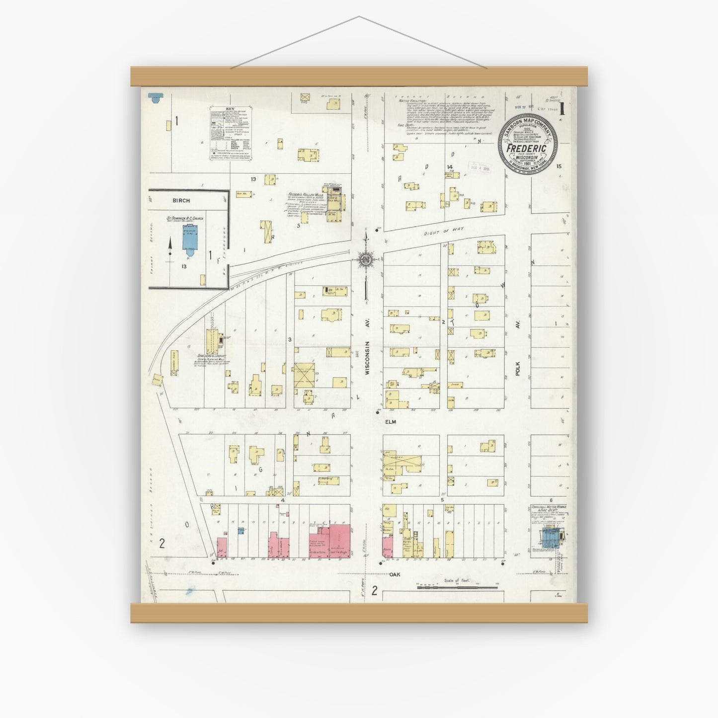 Old map wall art mockup — magnetic wood frame on white wall — Sanborn Fire Insurance Map from Frederic, Polk County, Wisconsin (1911) - Complete Map Set