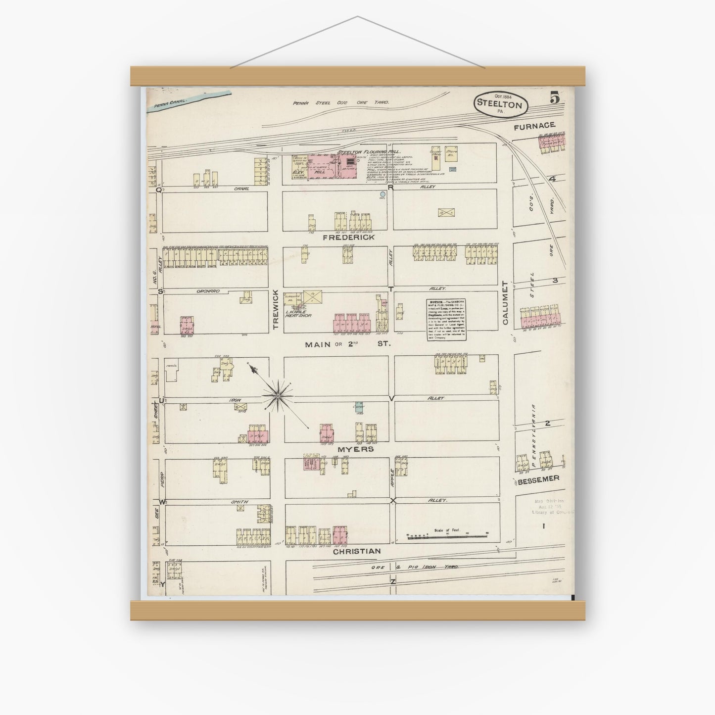 Old map wall art mockup — magnetic wood frame on white wall — Sanborn Fire Insurance Map from Steelton, Dauphin County, Pennsylvania (1884), Sheet #0005