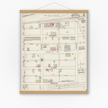 Old map wall art mockup — magnetic wood frame on white wall — Sanborn Fire Insurance Map from Steelton, Dauphin County, Pennsylvania (1884), Sheet #0005