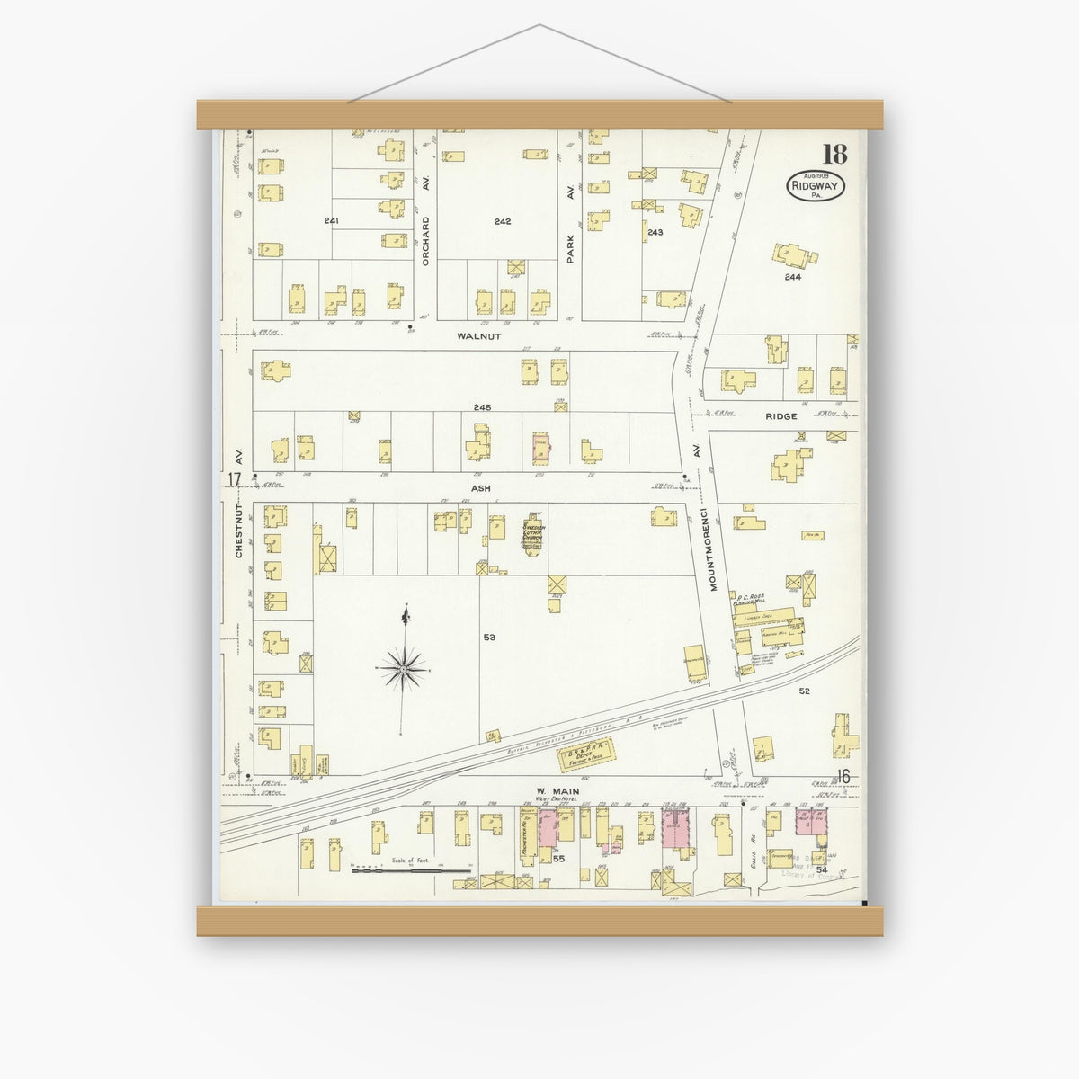 Old map wall art mockup — magnetic wood frame on white wall — Sanborn Fire Insurance Map from Ridgway, Elk County, Pennsylvania (1909), Sheet #0018