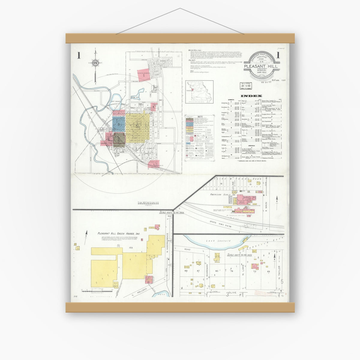 Old map wall art mockup — magnetic wood frame on white wall — Sanborn Fire Insurance Map from Pleasant Hill, Cass County, Missouri (1932) - Complete Map Set