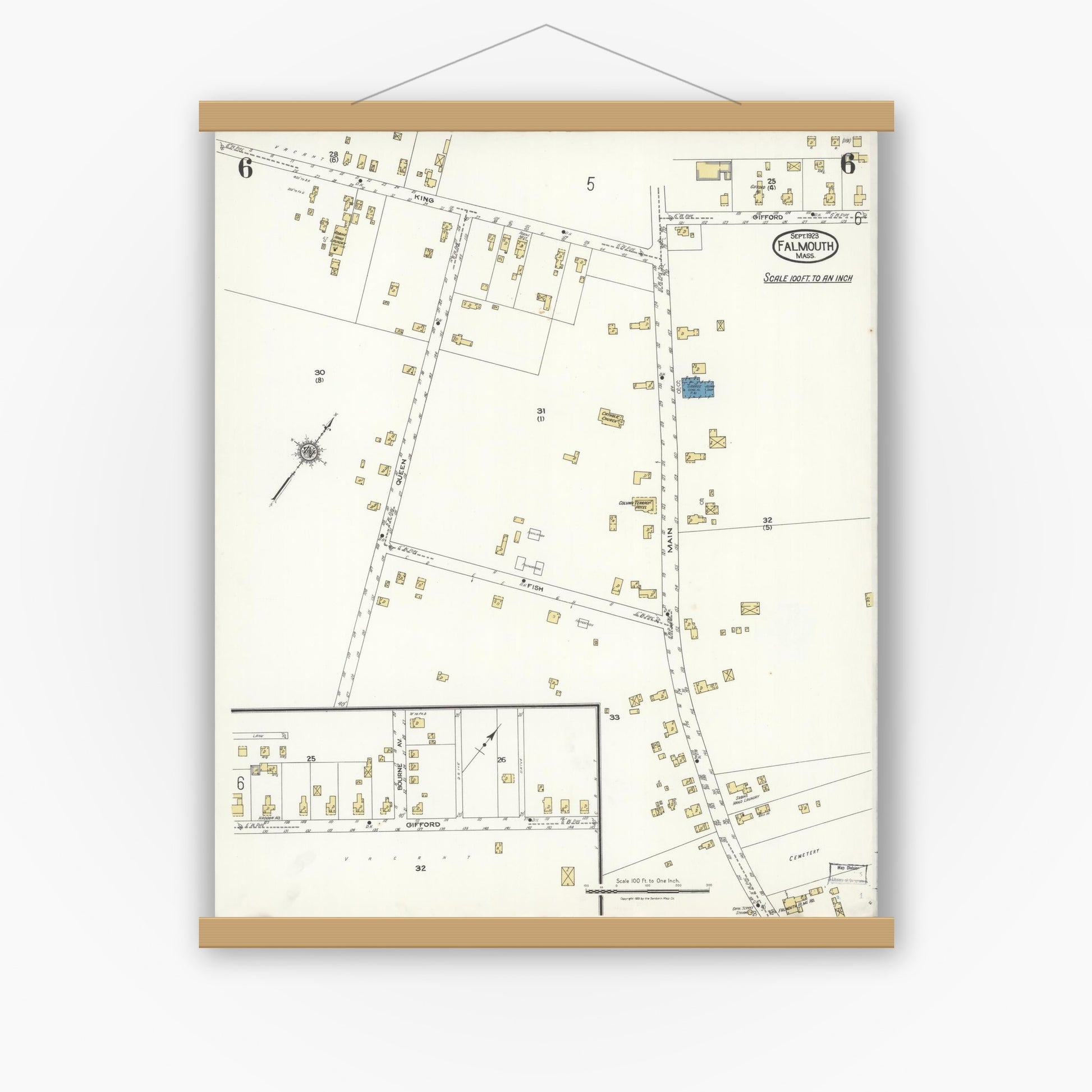Old map wall art mockup — magnetic wood frame on white wall — Sanborn Fire Insurance Map from Falmouth, Barnstable County, Massachusetts (1923), Sheet #0006