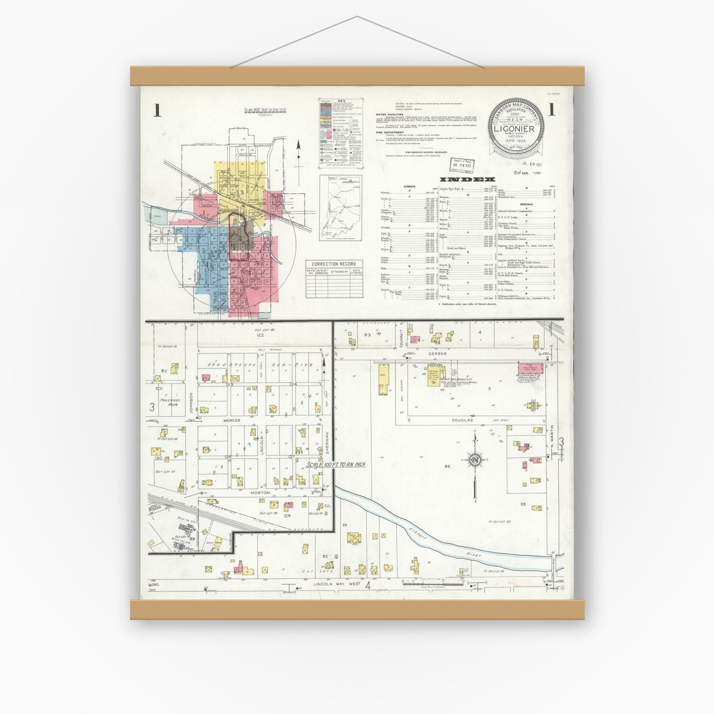 Old map wall art mockup — magnetic wood frame on white wall — Sanborn Fire Insurance Map from Ligonier, Noble County, Indiana (1933), Sheet #0001