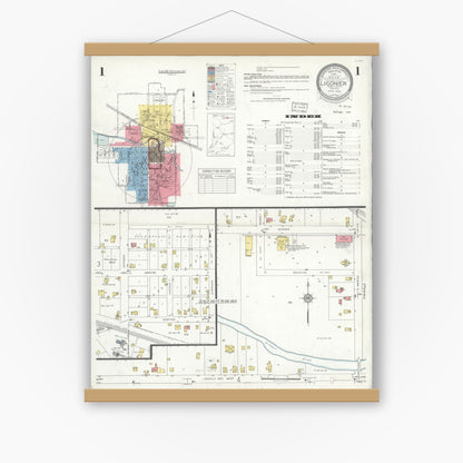 Old map wall art mockup — magnetic wood frame on white wall — Sanborn Fire Insurance Map from Ligonier, Noble County, Indiana (1933), Sheet #0001