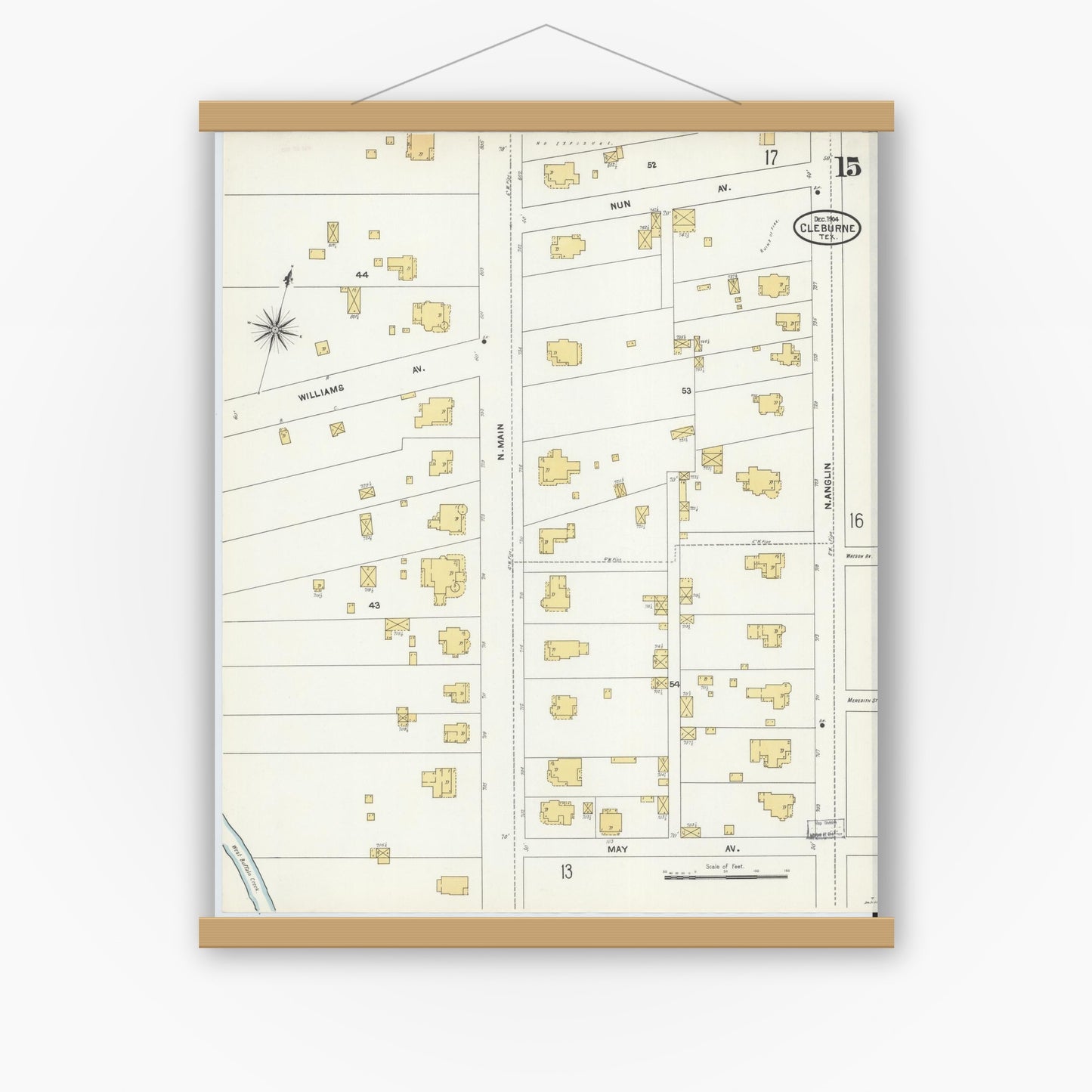 Old map wall art mockup — magnetic wood frame on white wall — Sanborn Fire Insurance Map from Cleburne, Johnson County, Texas (1904), Sheet #0015