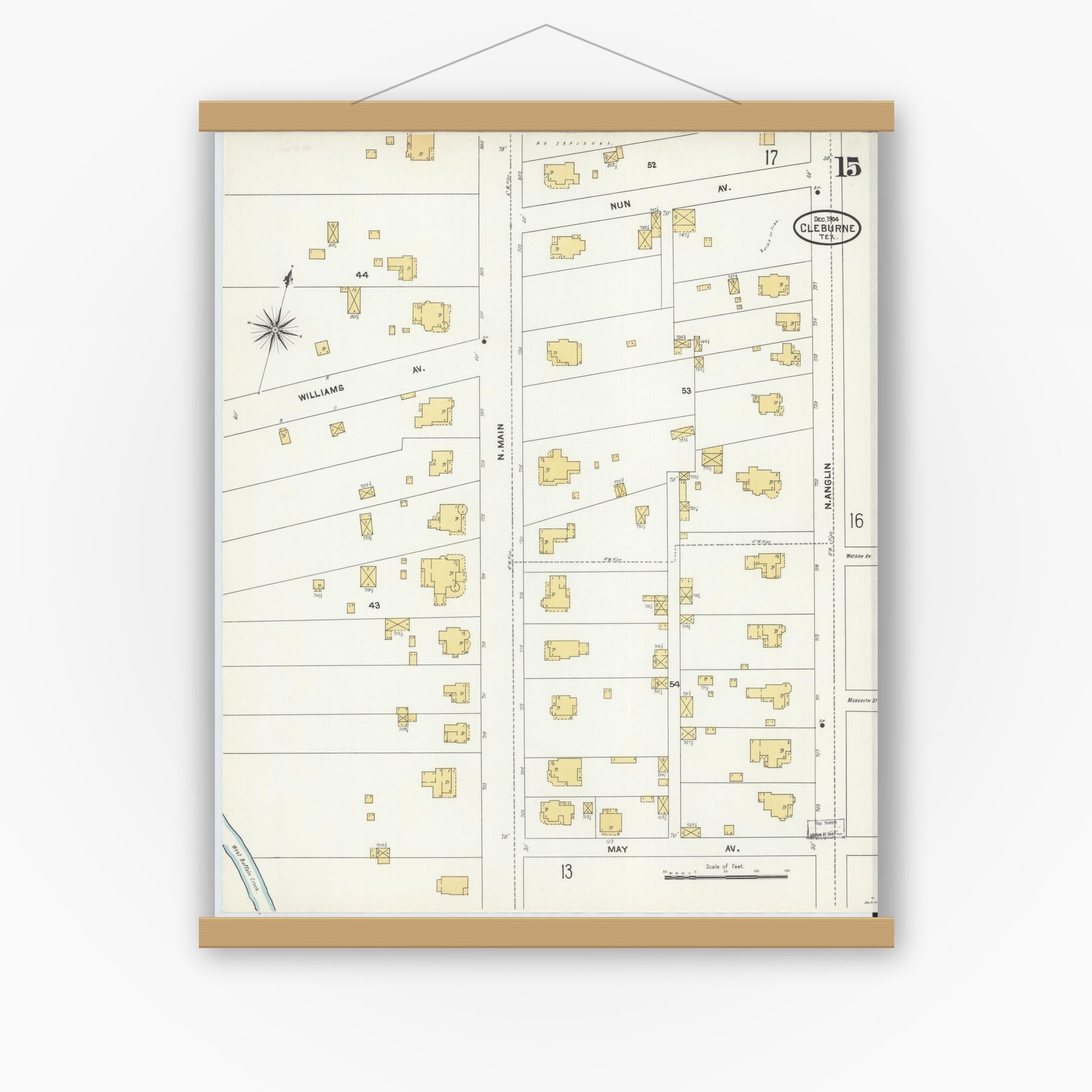Old map wall art mockup — magnetic wood frame on white wall — Sanborn Fire Insurance Map from Cleburne, Johnson County, Texas (1904), Sheet #0015
