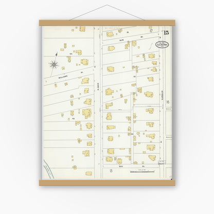 Old map wall art mockup — magnetic wood frame on white wall — Sanborn Fire Insurance Map from Cleburne, Johnson County, Texas (1904), Sheet #0015