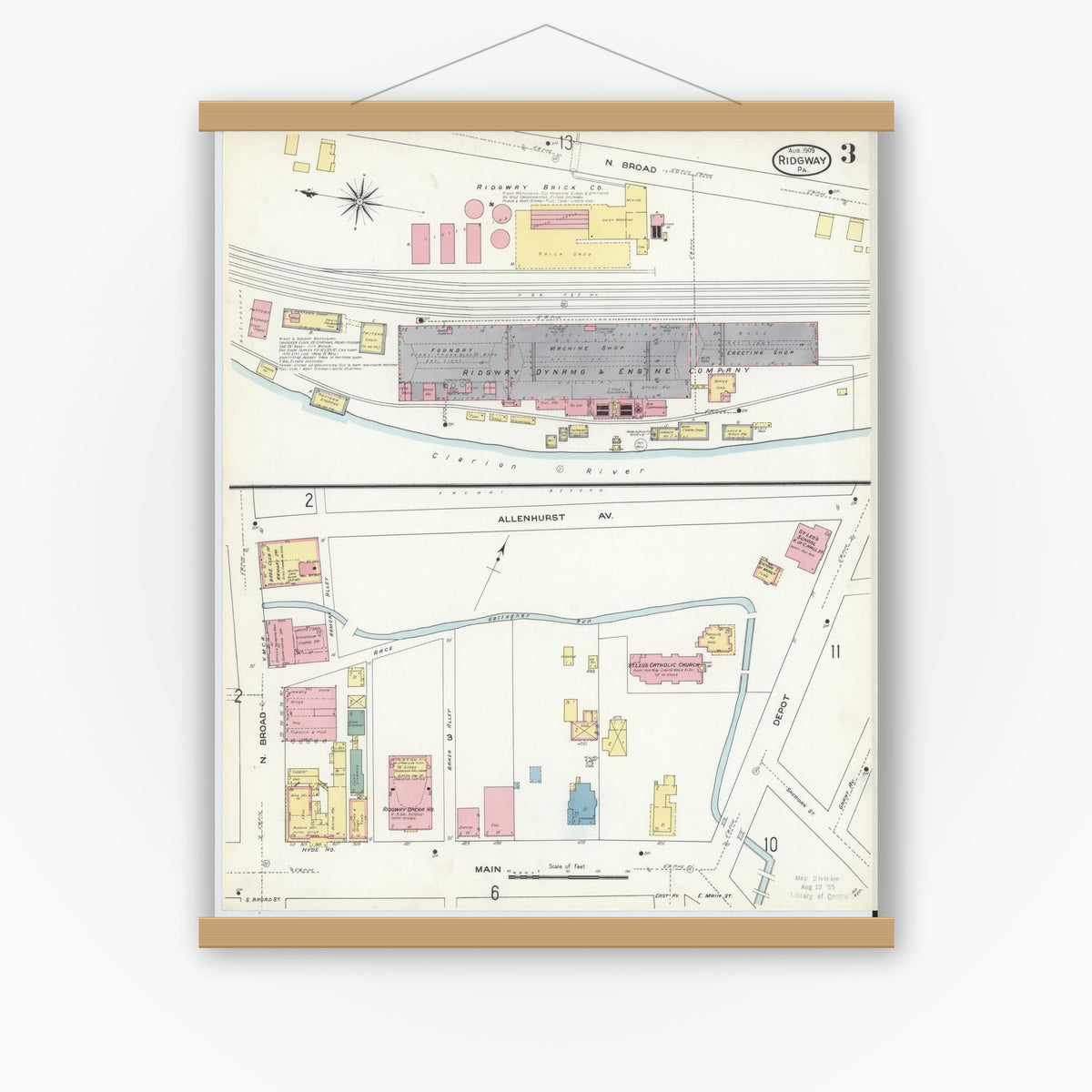 Old map wall art mockup — magnetic wood frame on white wall — Sanborn Fire Insurance Map from Ridgway, Elk County, Pennsylvania (1909), Sheet #0003