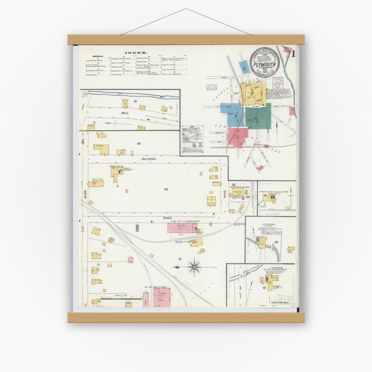 Old map wall art mockup — magnetic wood frame on white wall — Sanborn Fire Insurance Map from Plymouth, Huron And Richland Counties, Ohio (1904) - Complete Map Set