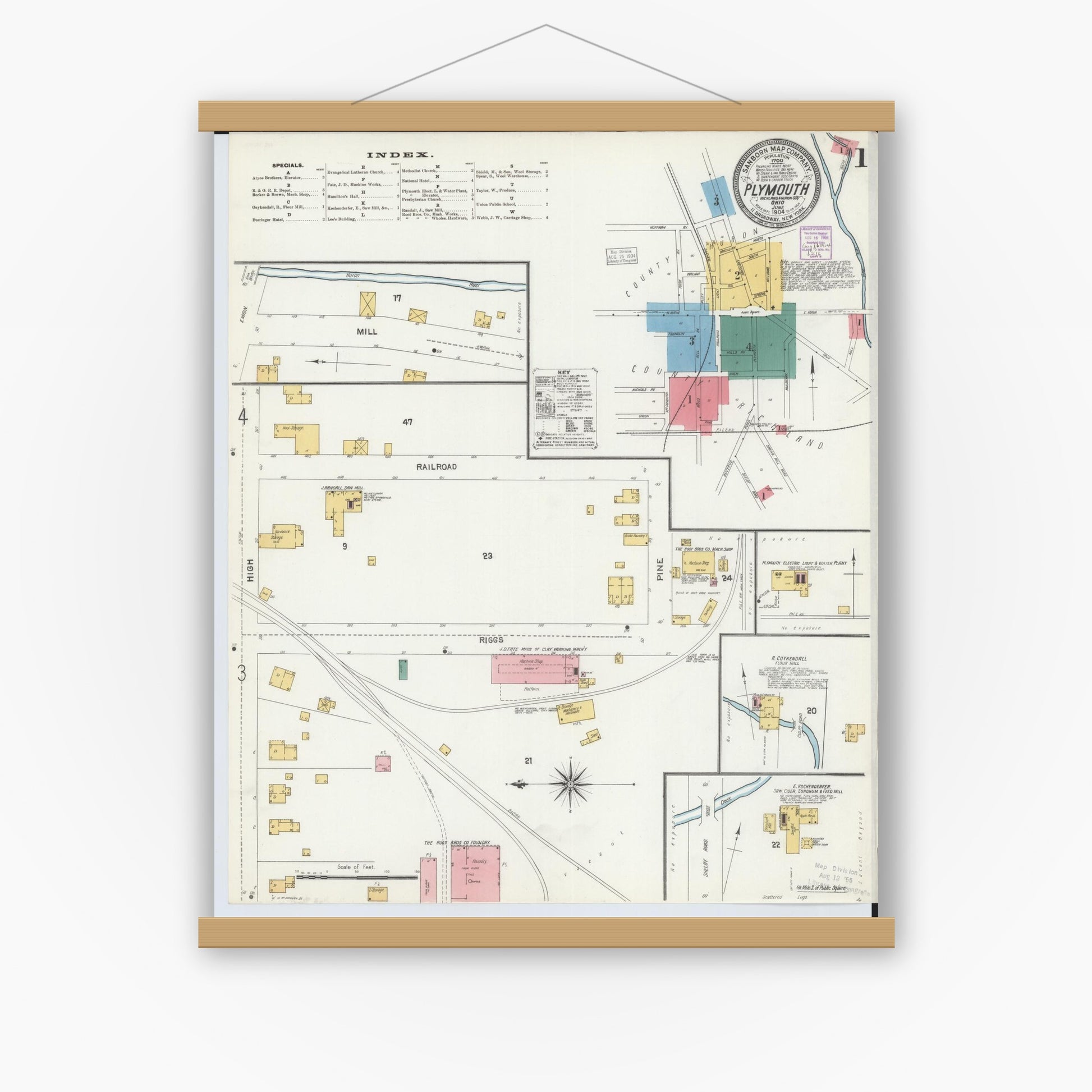 Old map wall art mockup — magnetic wood frame on white wall — Sanborn Fire Insurance Map from Plymouth, Huron And Richland Counties, Ohio (1904) - Complete Map Set