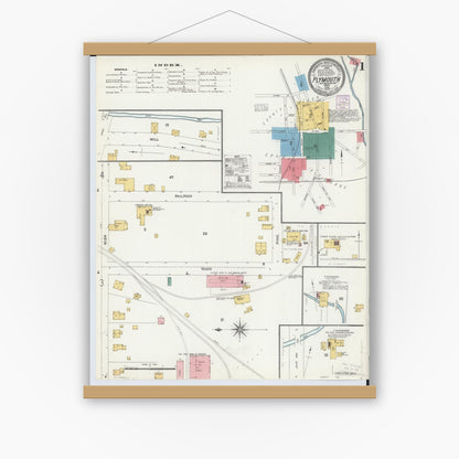 Old map wall art mockup — magnetic wood frame on white wall — Sanborn Fire Insurance Map from Plymouth, Huron And Richland Counties, Ohio (1904) - Complete Map Set